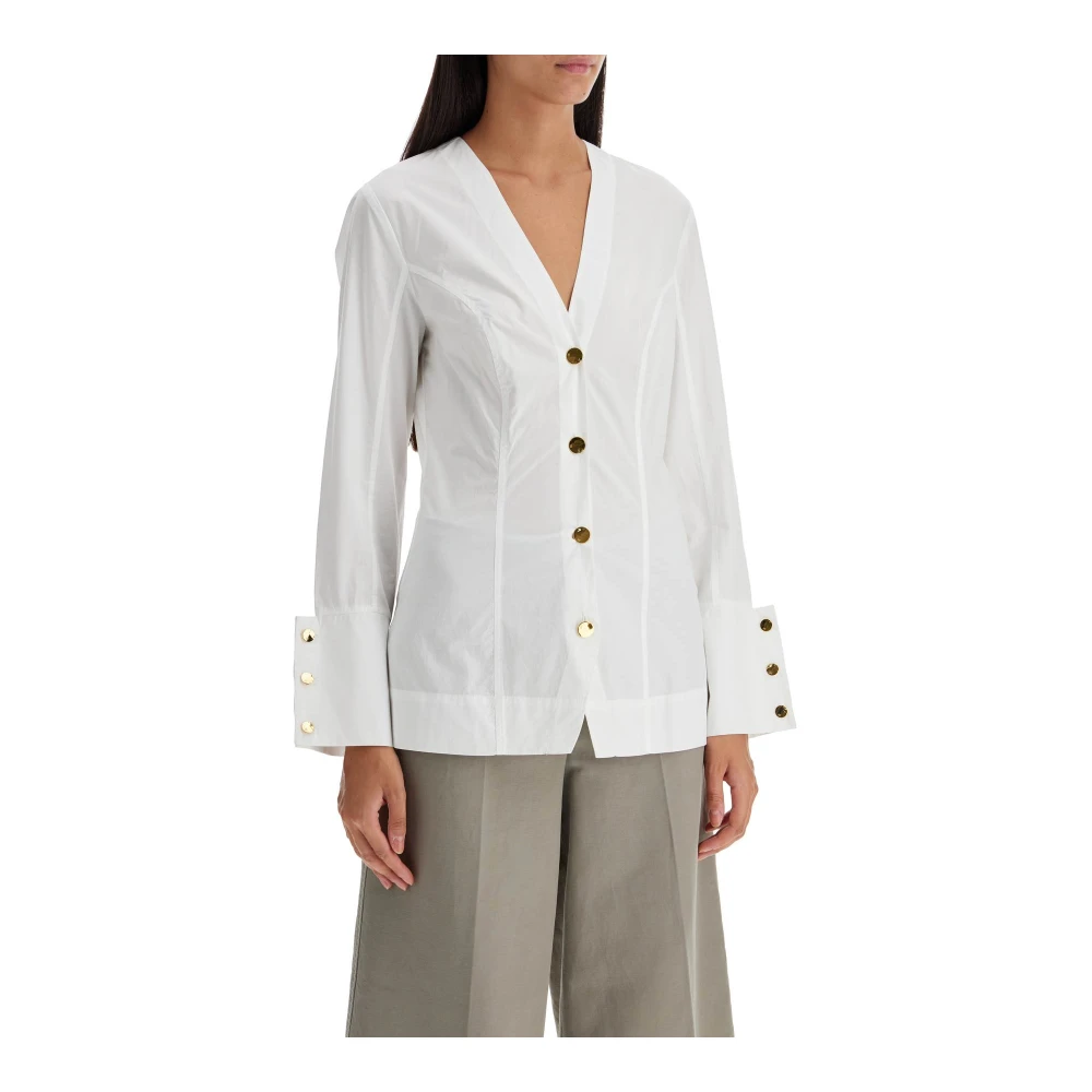 Ganni Gouden Knoop V-Hals Poplin Shirt White Dames