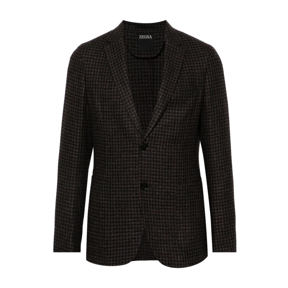 Ermenegildo Zegna Blauwe Houndstooth Linnen-Wol Blend Jas Blue Heren
