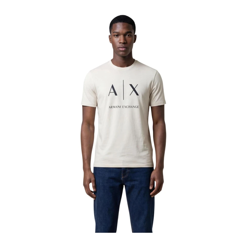Armani Exchange Mannelijk Beige Printed Katoenen T-Shirt Met Ronde Hals En Korte Mouwen