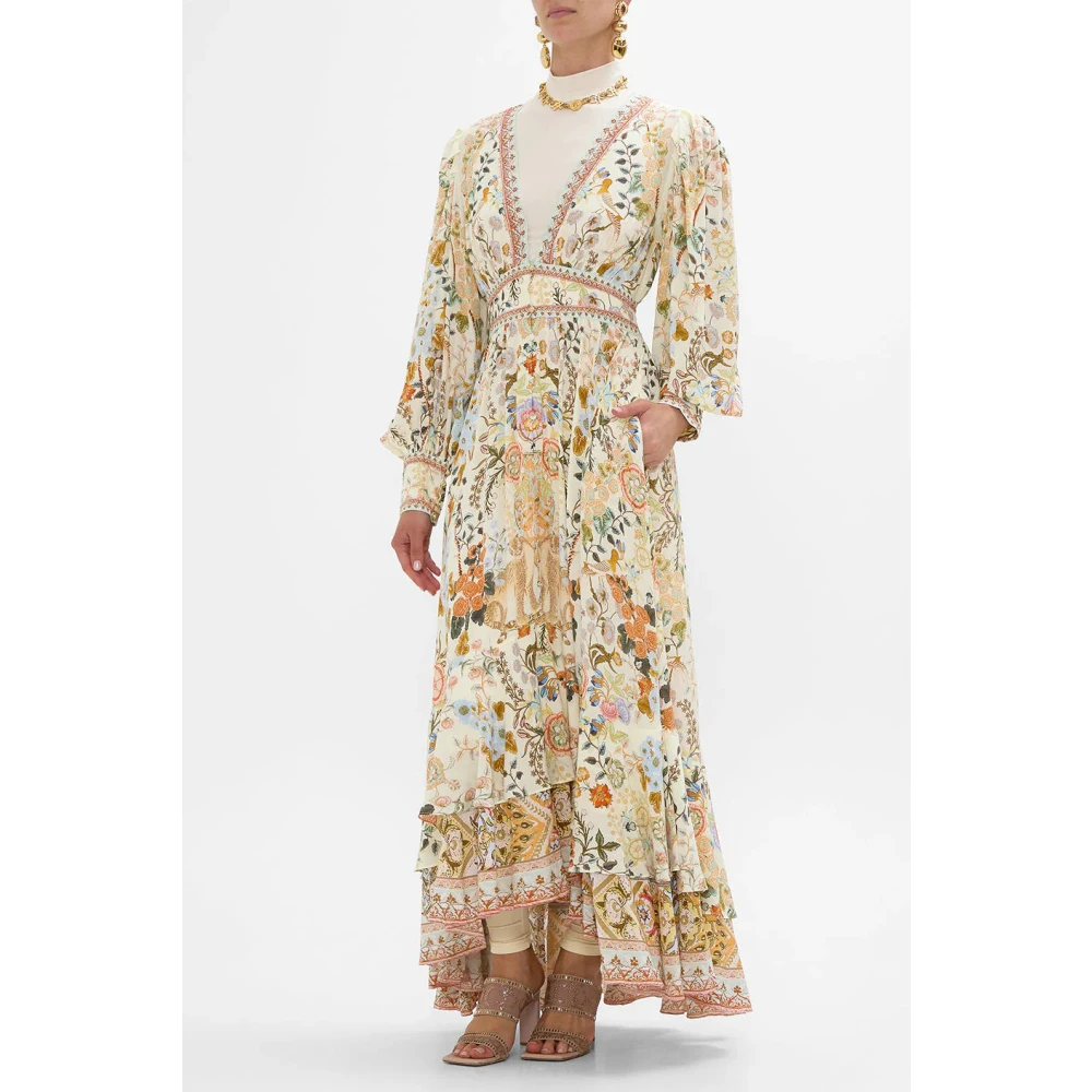 Camilla Zijden Jurk met Lotusbloem Motieven Beige Dames