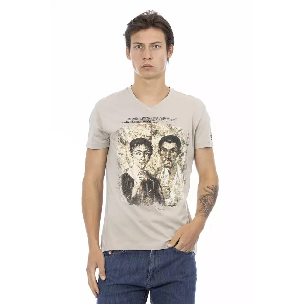 Trussardi Men's Beige T-Shirts, M, V-Neck T-Shirt With Frontprint