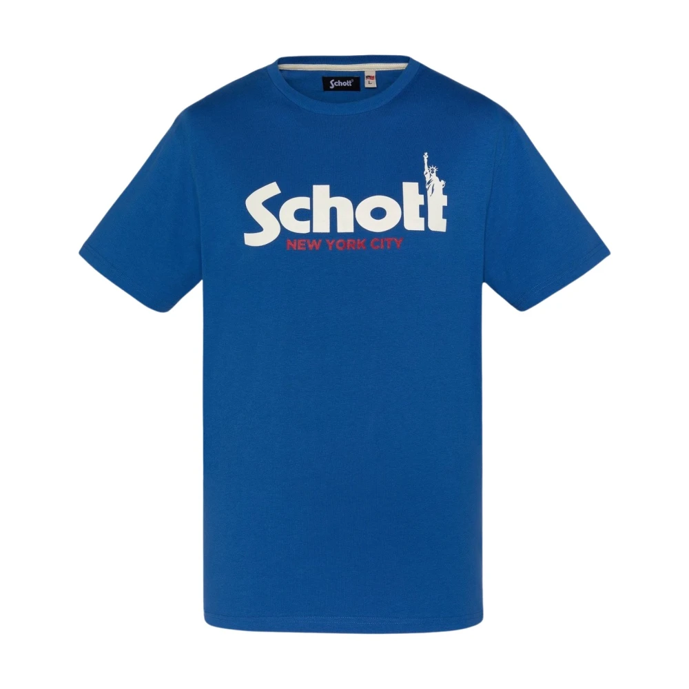 Schott NYC Katoen Logo TShirt Blauw Ronde Hals Korte Mouw Blue Heren