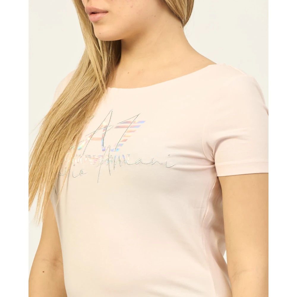 Emporio Armani EA7 Roze T-shirt met Metalen Logo Detail Pink Dames