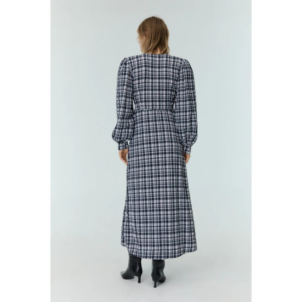 The New Society Seersucker Midi Jurk met Strik Detail Blue Dames