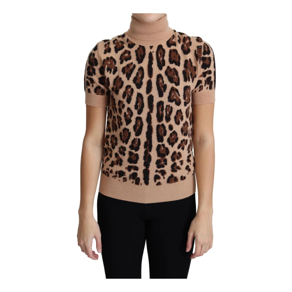 Dolce & Gabbana Women's Beige T-Shirts, S, Luxury Leopard Print Wool Turtleneck Top