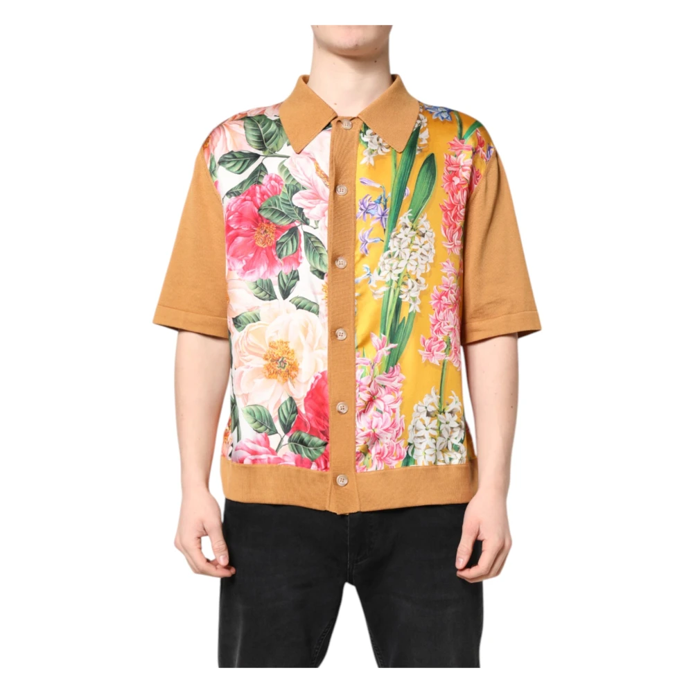 Dolce & Gabbana , Short Sleeve Shirts, Male, Multicolor, M, Brown Floral Collared T-Shirt