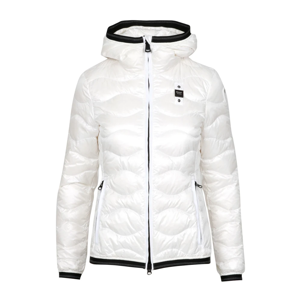 Blauer Witte Nylon Hooded Jas met Golven White Dames