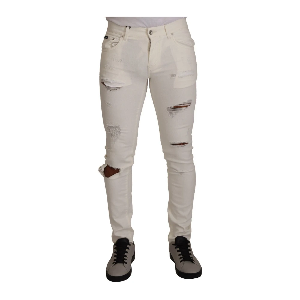 Dolce & Gabbana White Tattered Skinny Cotton Denim Jeans - Male - Skinny Fit Jeans - S - Jeans