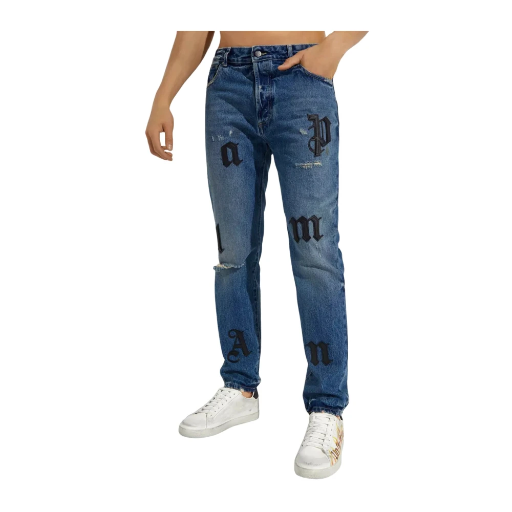 Palm Angels Blauwe Jeans met Leren Applicaties Blue Heren