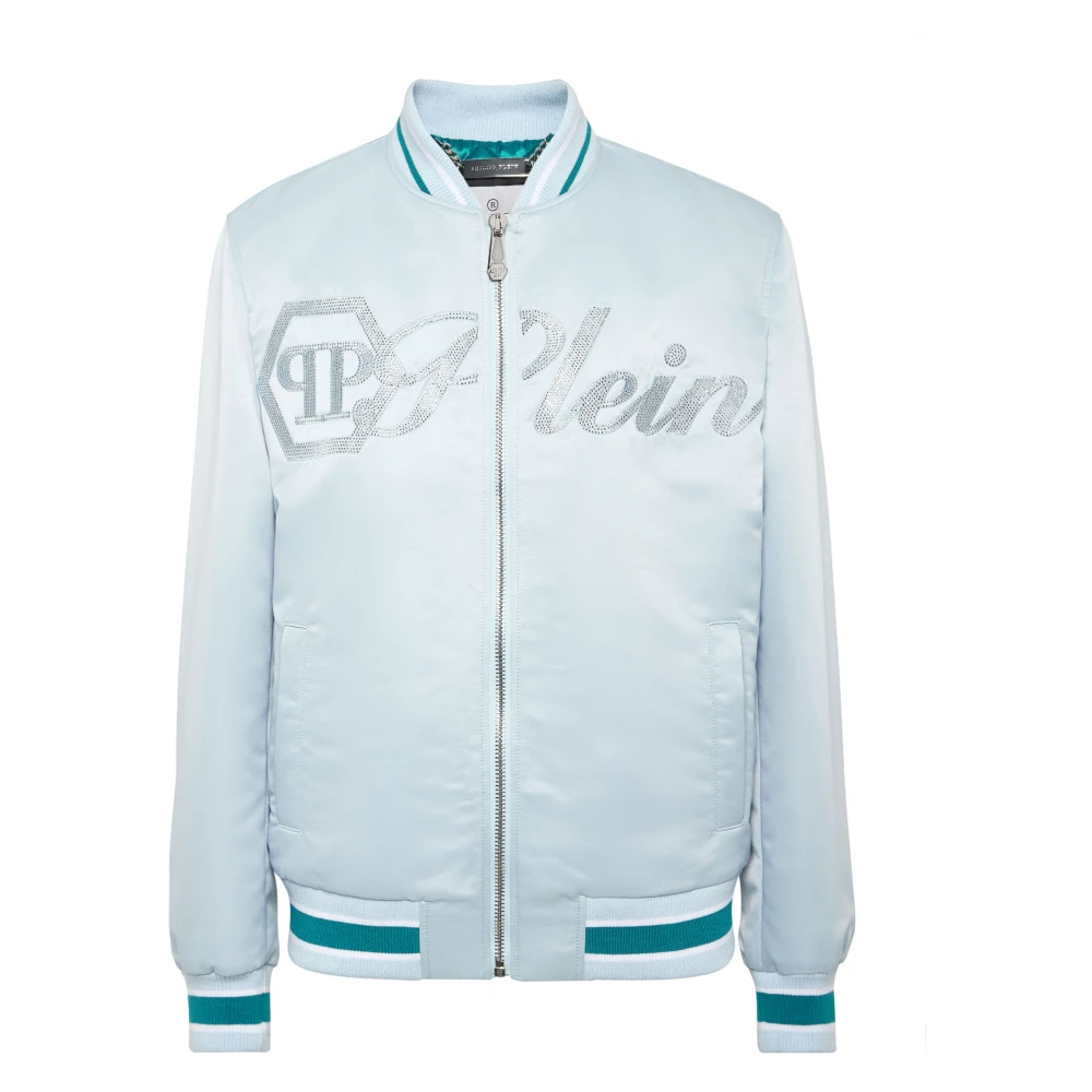 Philipp Plein Uomo Blu - Satin Bomber Jacket Logo Strass - Jackets - 2XL