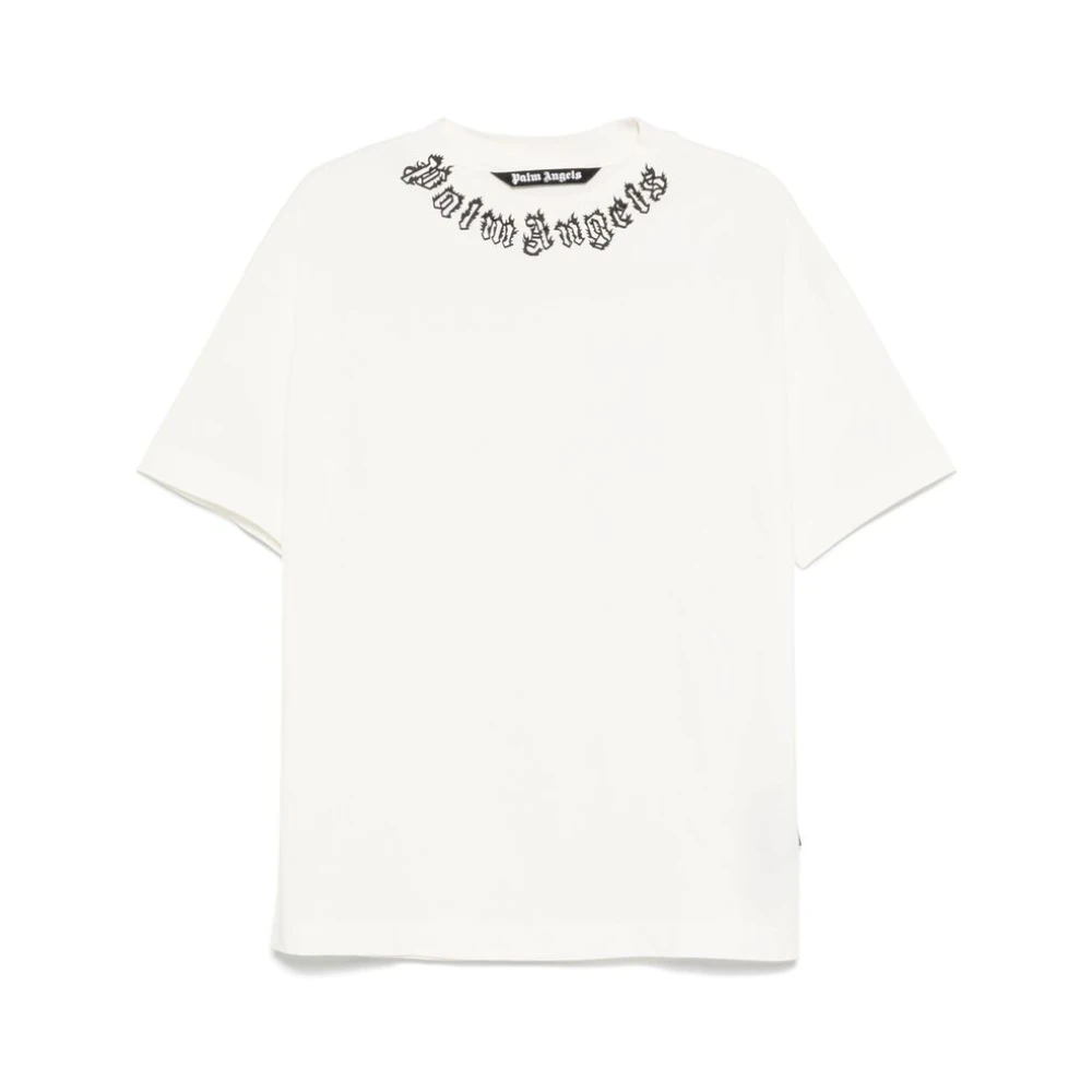 Palm Angels Wit Logo Print Crew Neck T-shirt White Heren