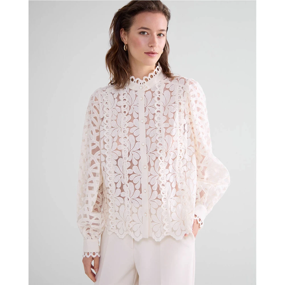 Summum Woman Kanten Organza Blouse Lange Mouw Beige Dames