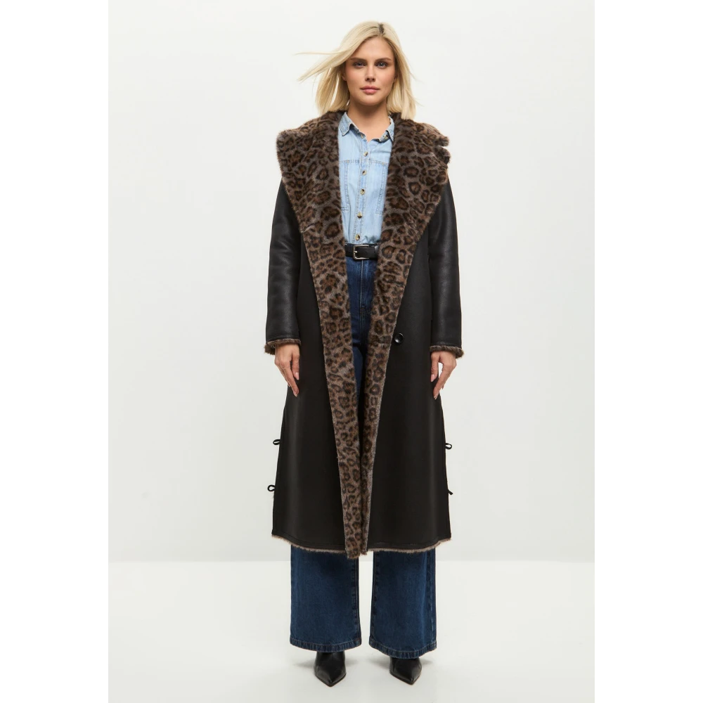 Cesare Gaspari Omkeerbare Faux Animal Print Shearling Lange Jas Black Dames