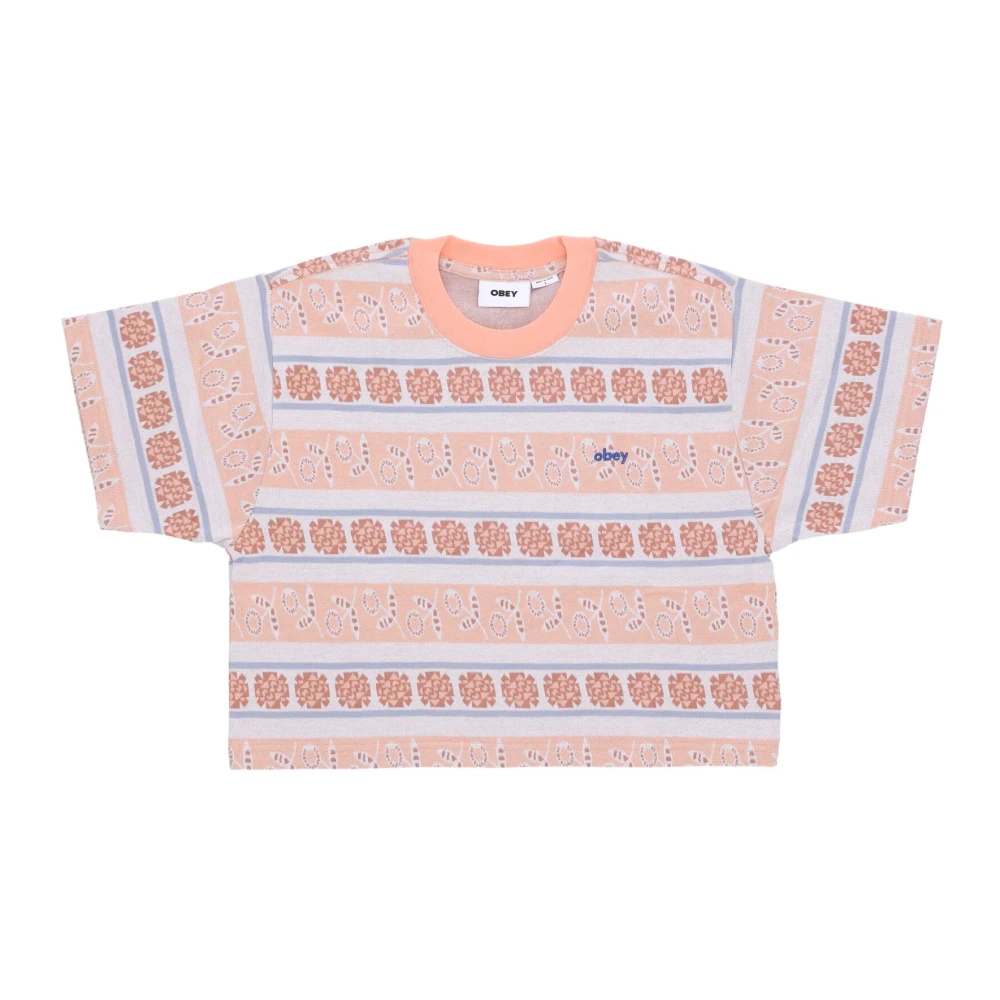 Obey Women's Multicolor T-Shirts, M, Striped Crop Tee Peach Sand Multi