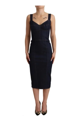 Mörkblå Denim Sheath Midi Klänning