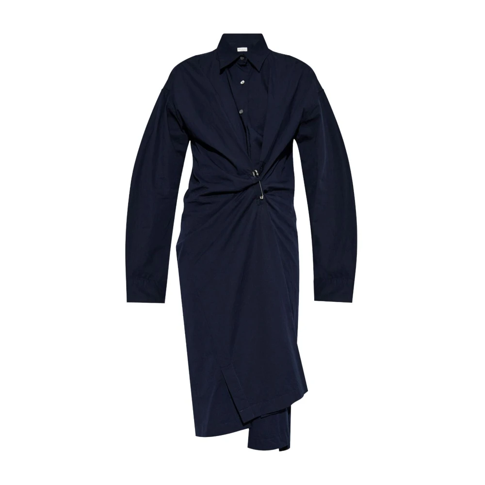 Dries Van Noten Katoenen Gabardine Knoopsluiting Jurk Blue Dames