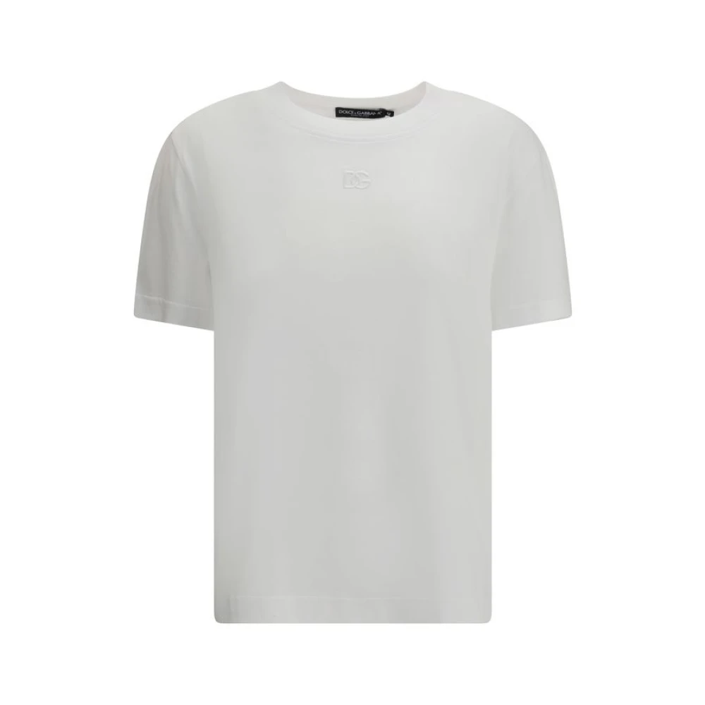 Dolce & Gabbana Women's White T-Shirts, Xl, Logo T-Shirt With Ribbed Crew Neck