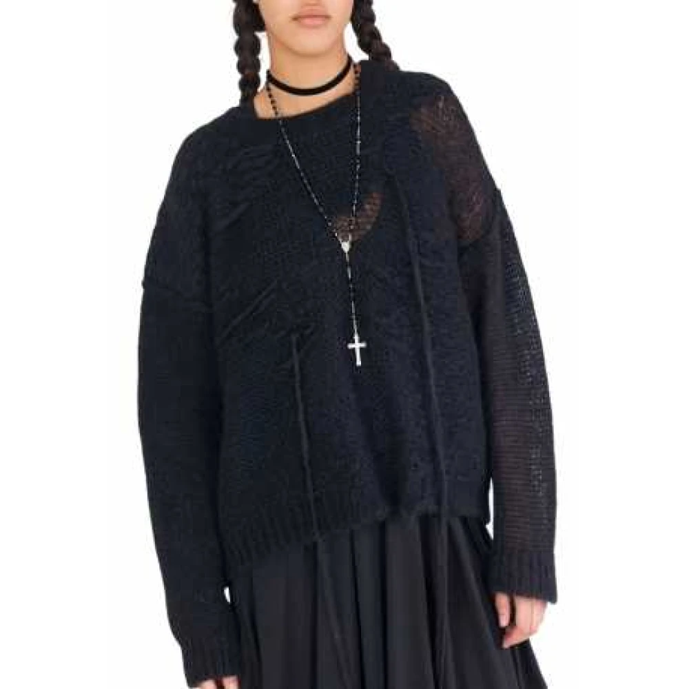 Isabel Benenato Zwarte Ronde Hals Trui met Open Patch Black Dames