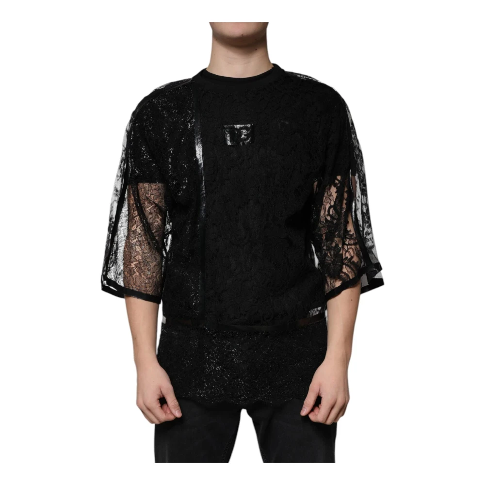 Dolce & Gabbana Black T-Shirts, Male, L, Lace Crew Neck T-Shirt With Logo