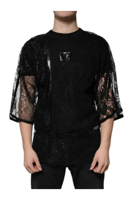 Svart Spets Crew Neck T-shirt med Logotyp