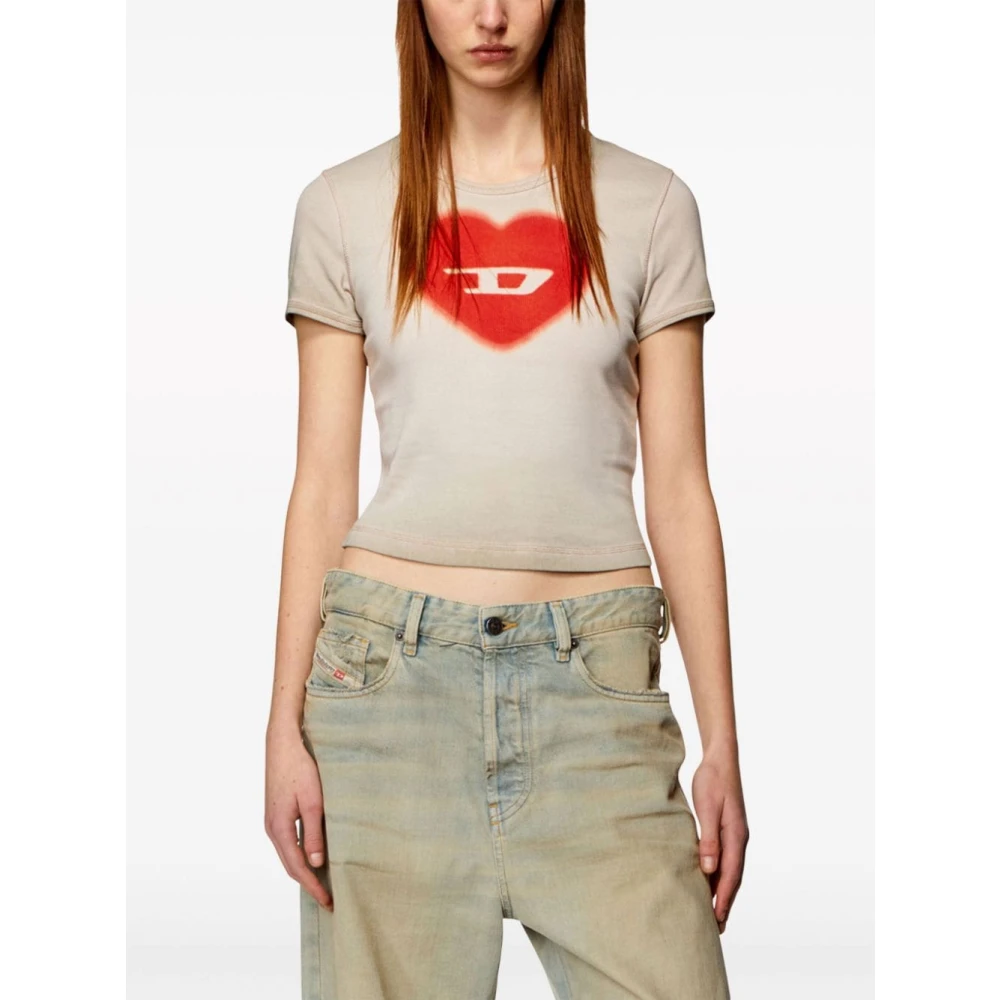 Diesel Ribbed T-shirt with watercolour heart D Beige Dames