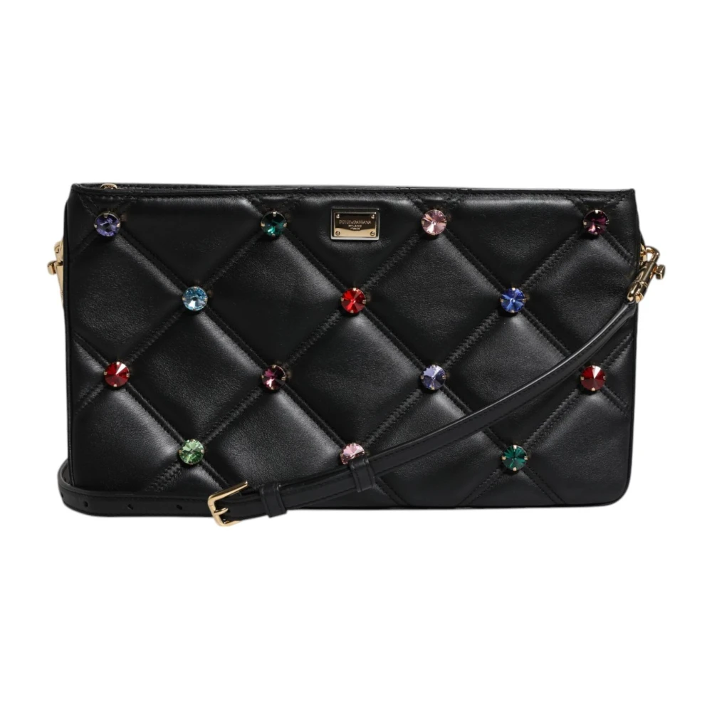 Dolce & Gabbana Kristal Logo Schoudertas Zwart Leer Black Dames