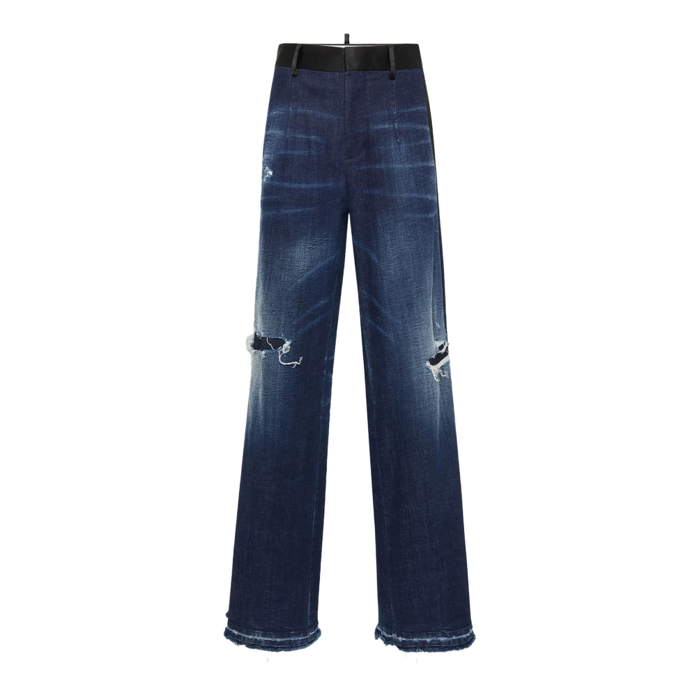 Dsquared2 Women's Blue Straight Jeans,, Ripped Denim Jeans With Silk Satin Details Medium