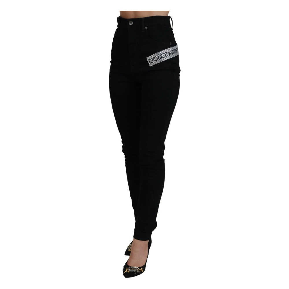 Dolce & Gabbana Zwarte Pailletten Katoenen Slim Fit Denim Jeans Black Dames