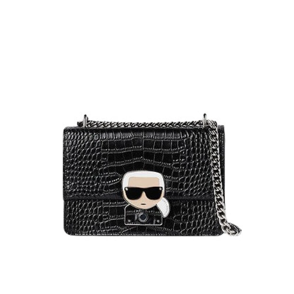 Karl Lagerfeld Black Cross Body Bags, Female, One Size, Croc Crossbody Bag