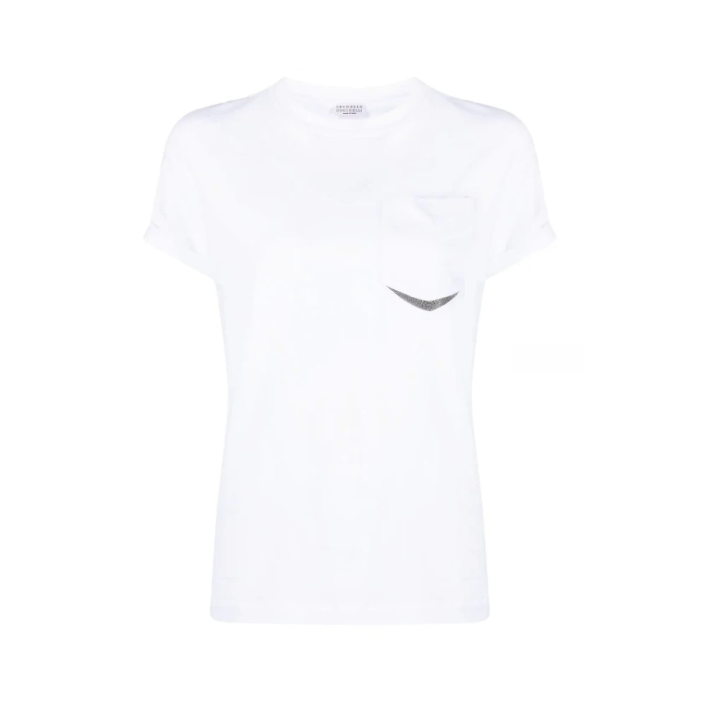 BRUNELLO CUCINELLI Witte T-shirt met kralenversiering en Monili-kettingdetail White Dames
