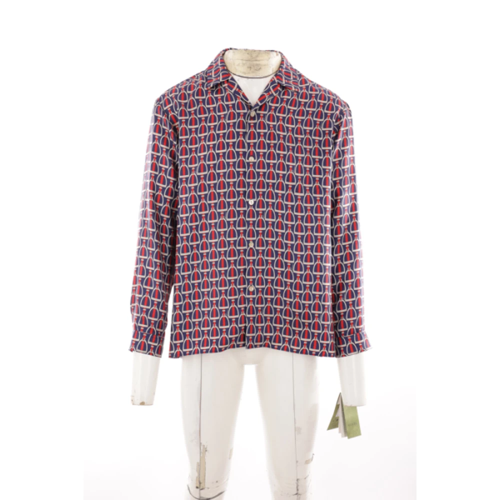 Gucci Blauwe Zijden Twill Overhemd met Ivoor en Rode Print Multicolor Heren
