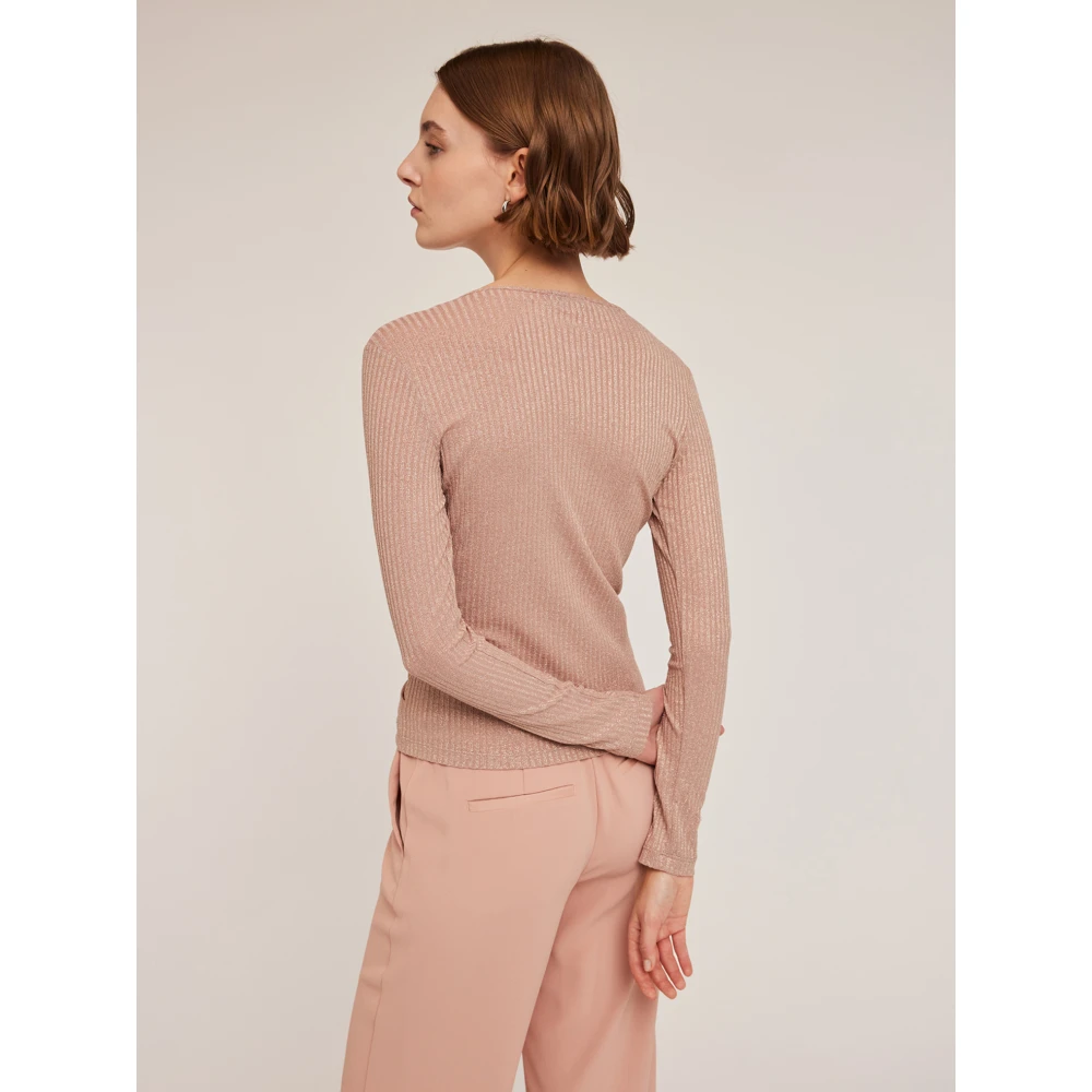 Motivi Geribbelde Crossover Pullover in Lurex Pink Dames