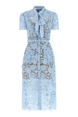 Blue Lace Tie Neck Midi Dress