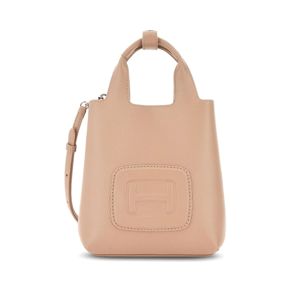 Hogan Beige Leren Tote Tas met Logo Pink Dames