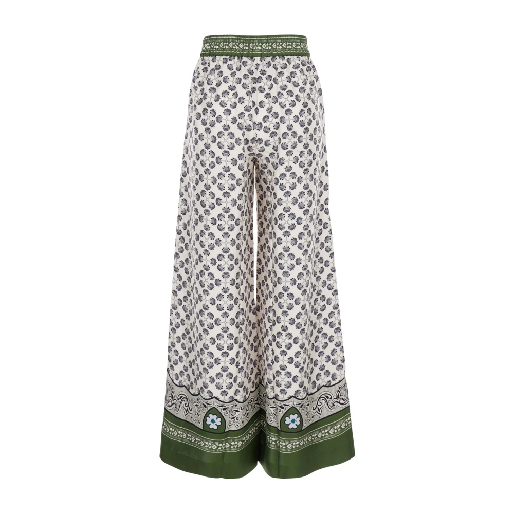 La DoubleJ Groene Wijde Zijden Broek met Grafische Print Green Dames