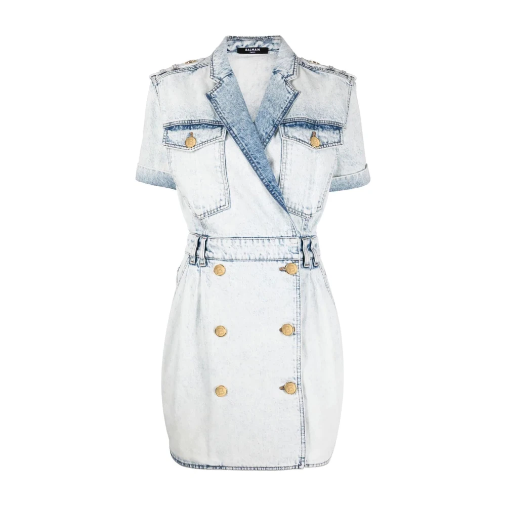 Balmain Blauwe Denim Mini Jurk met Riem Blue Dames