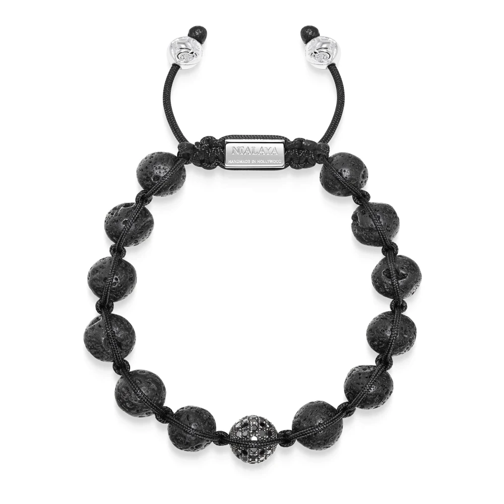 Nialaya Men's Black/Silver Diamond Beaded Bracelet With Lava Stone And Sterling