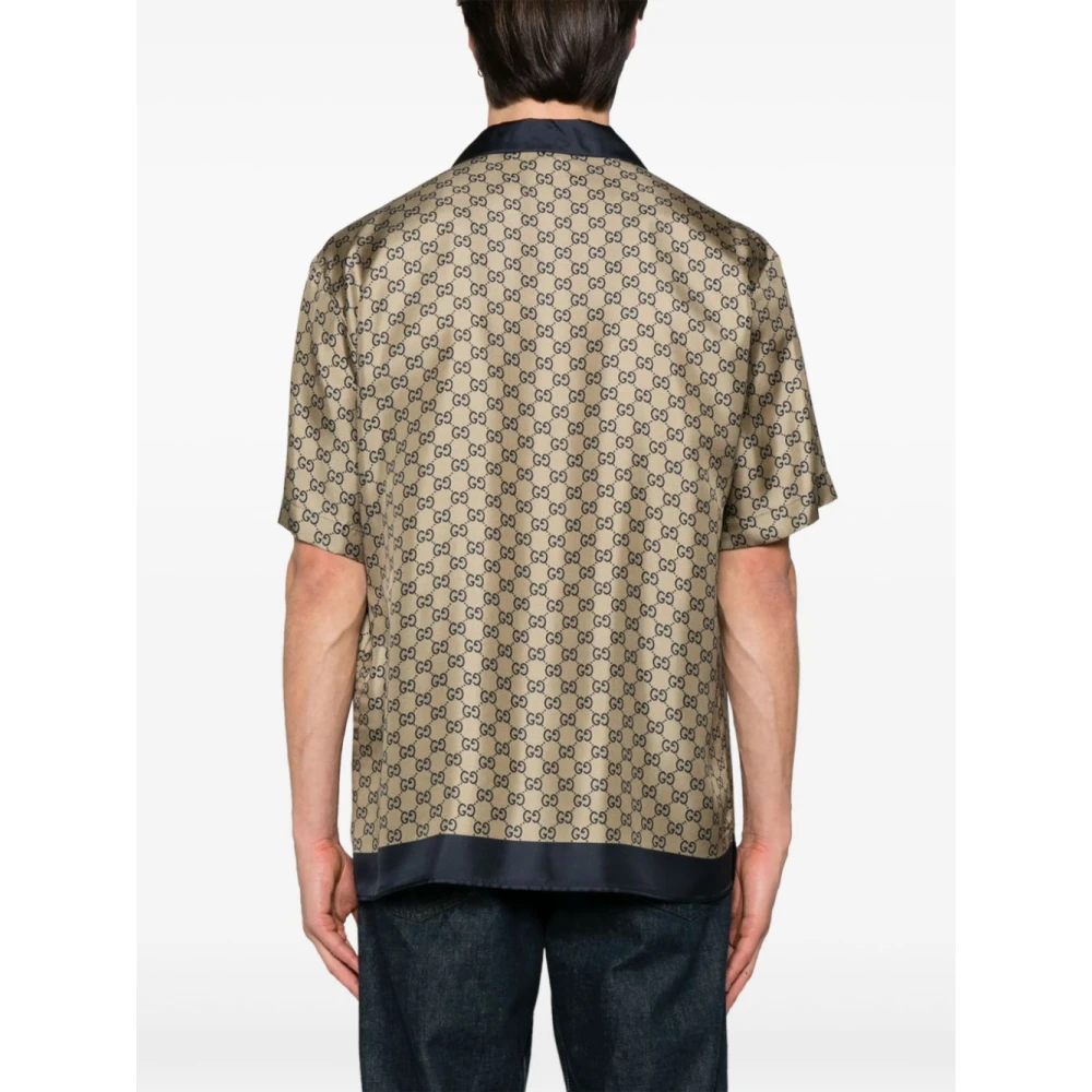 Gucci Bowling zijden twill overhemd met GG-print Beige Heren