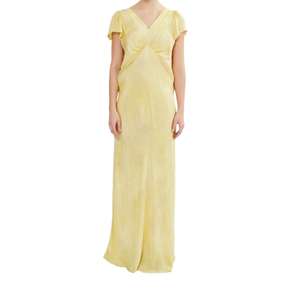 Rabens Saloner Houtskool Viscose Lange Jurk Korte Mouw Yellow Dames