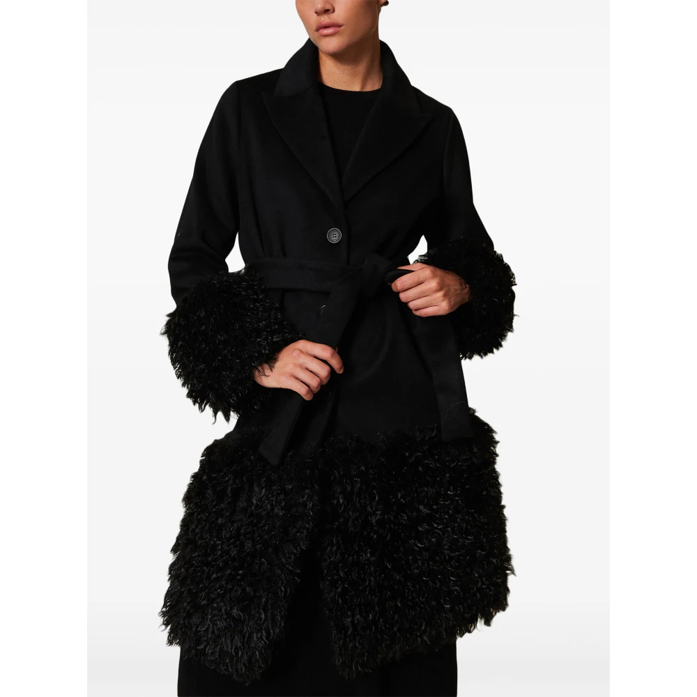 Twinset Zwarte wollen jas met bontafwerking Black Dames