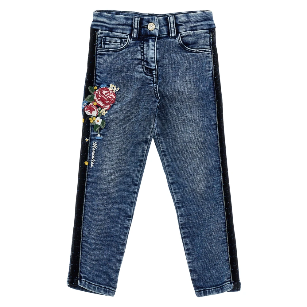 Monnalisa Women's Blue Embroidered Denim Stretch Jeans In
