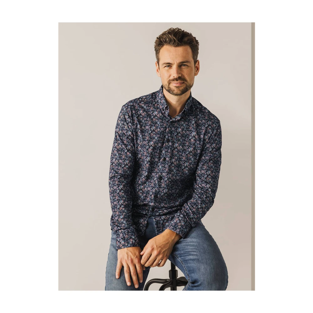 State of Art Print Knitt Overhemd Lange Mouw Blue Heren