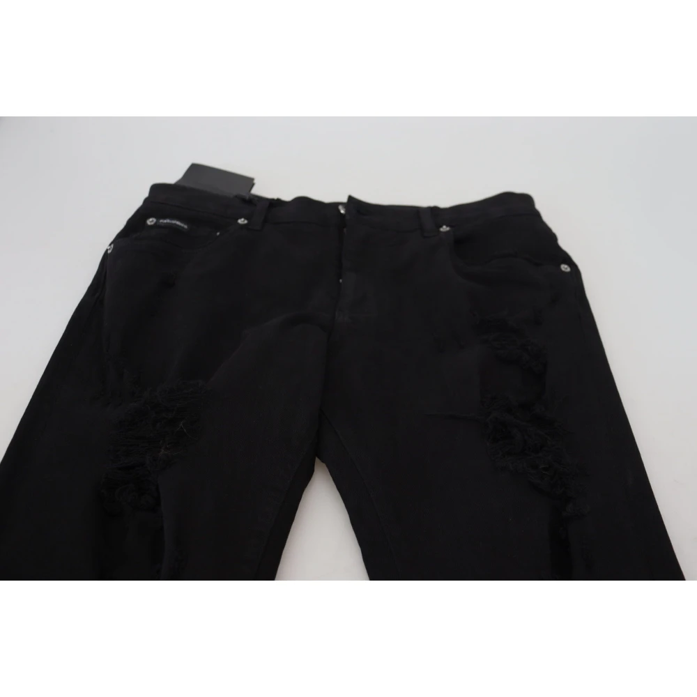 Dolce & Gabbana Zwarte Slim Fit Gescheurde Denim Katoenen Jeans Black Heren