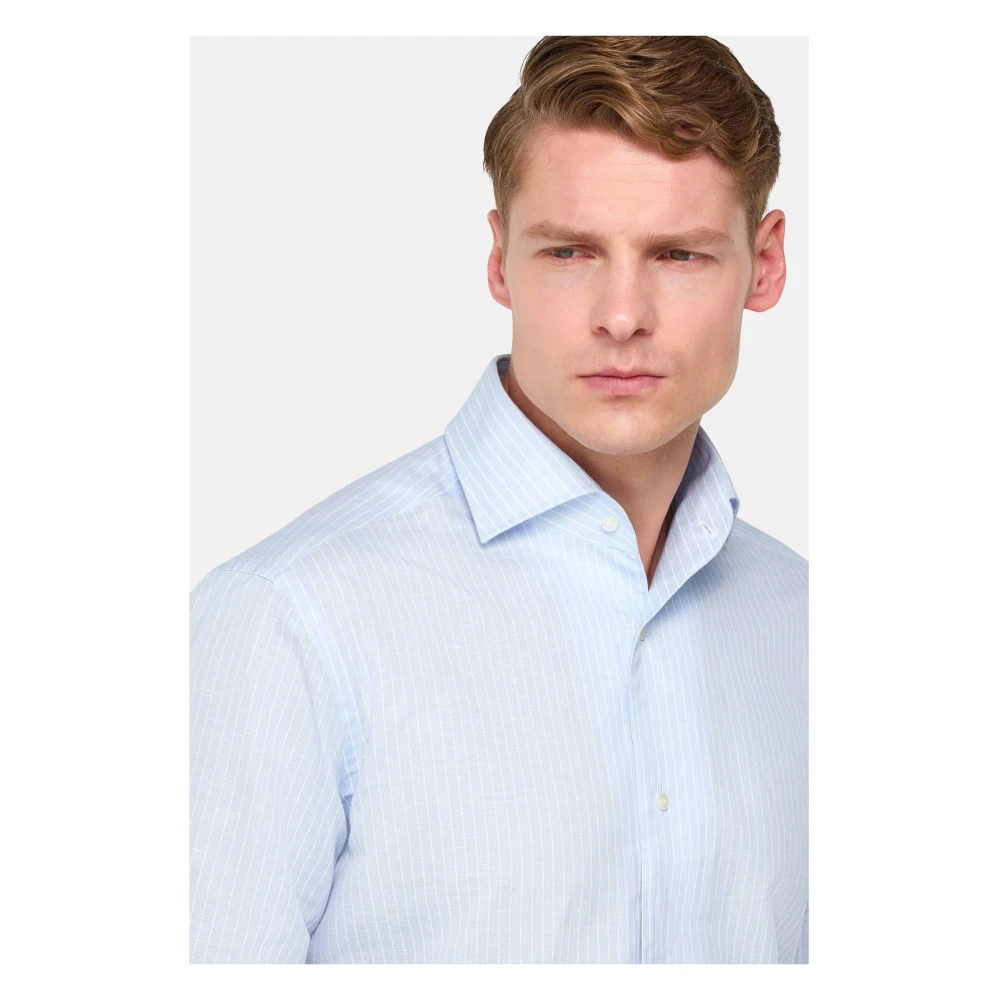 Boggi Milano Regular Fit Gestreept Katoen en Linnen Overhemd Blue Heren
