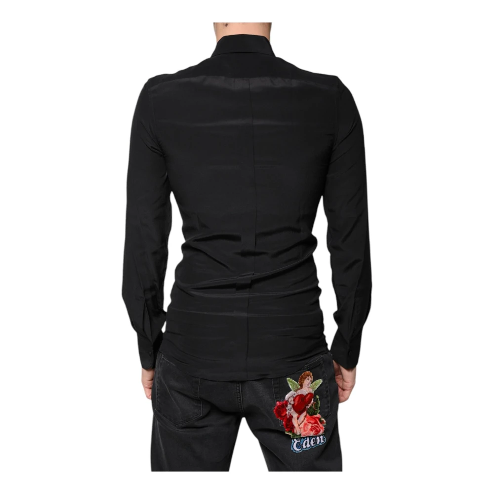 Dolce & Gabbana Zwarte Zijden Slim Fit Overhemd Black Heren