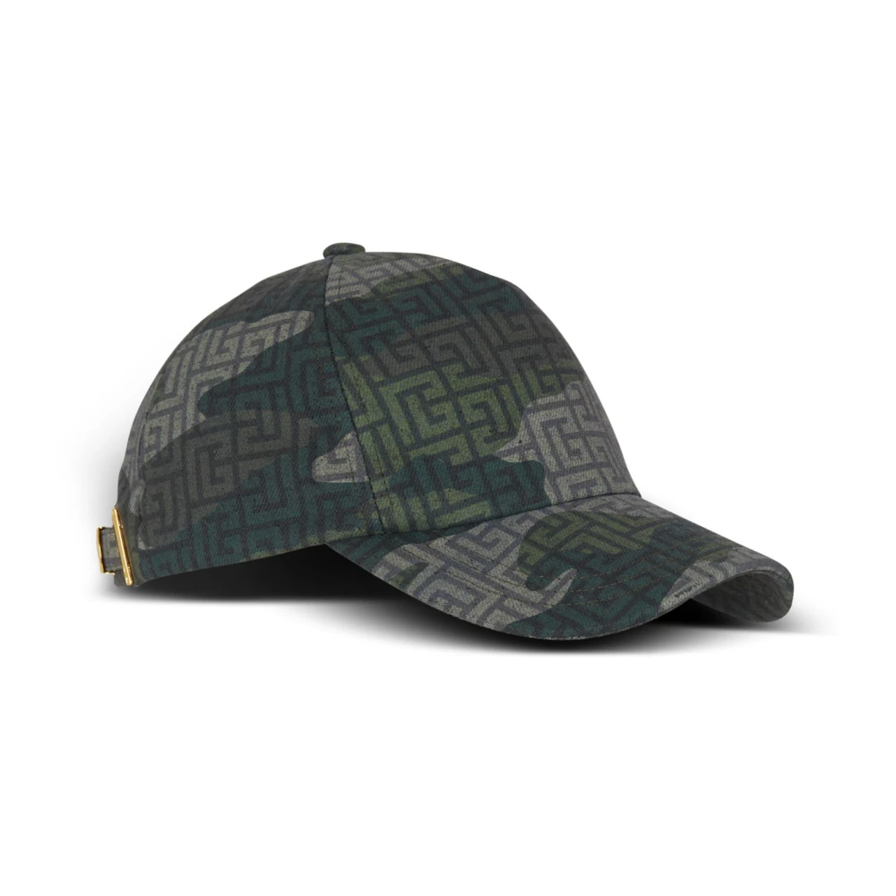 Balmain Monogram camouflage print baseball cap Green Heren
