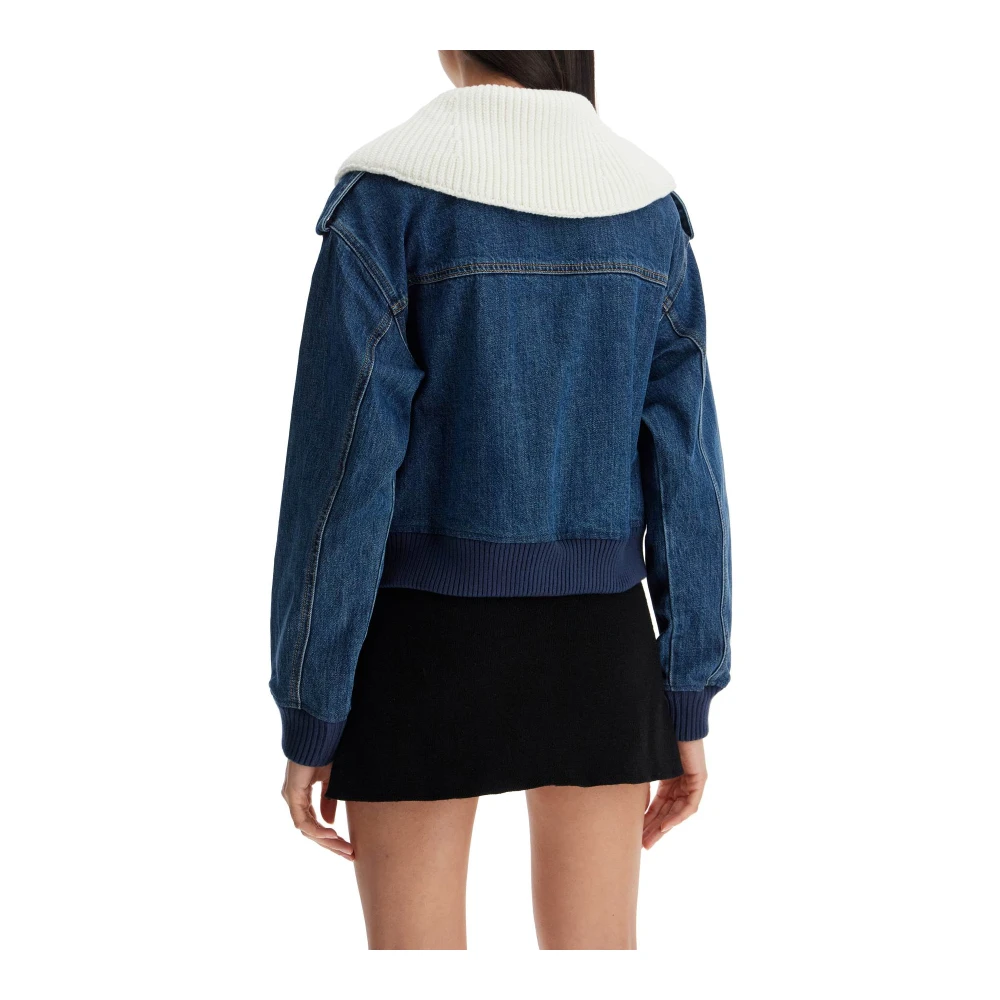 Self Portrait Denim Bomberjack met Geribbelde Kraag Blue Dames