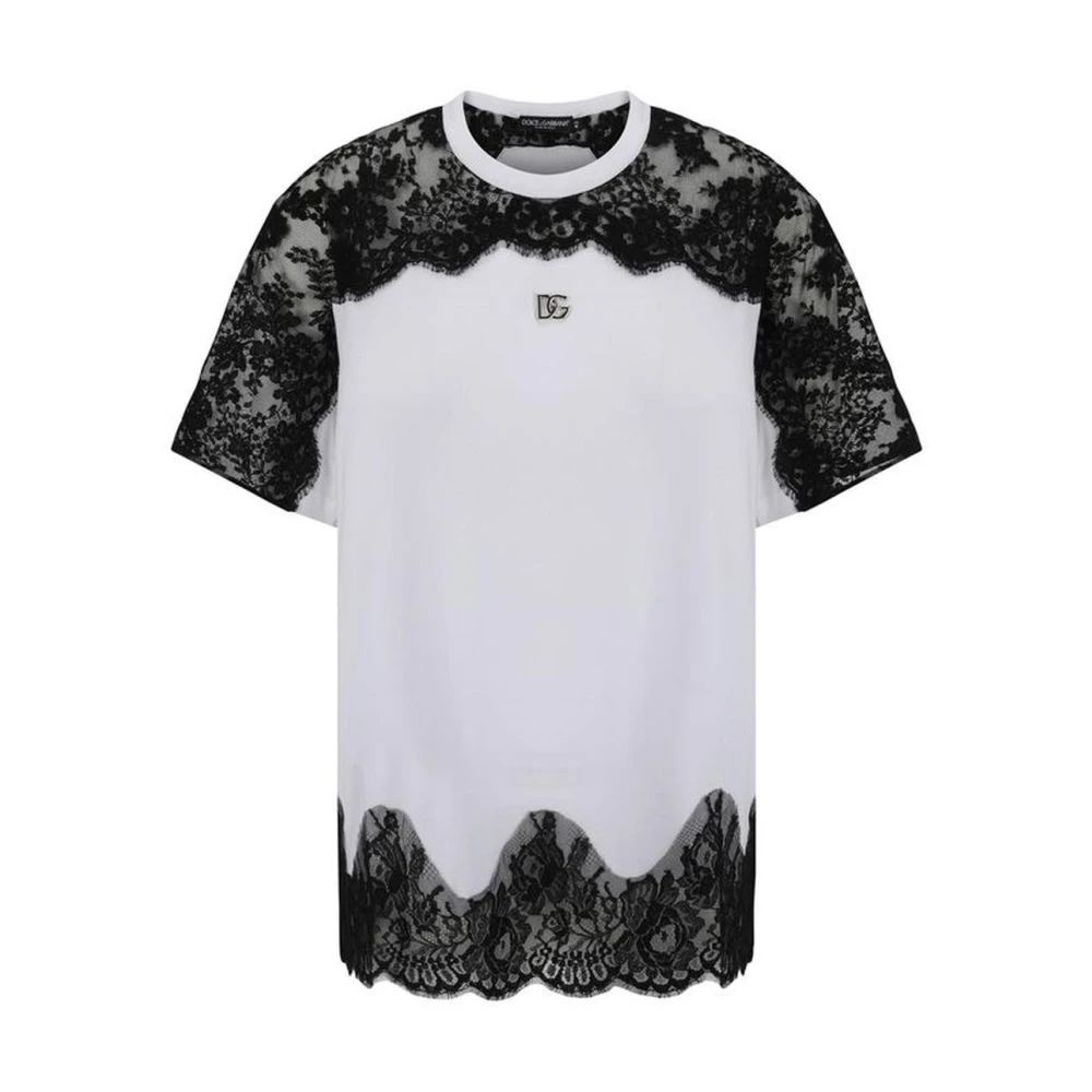 Dolce & Gabbana Kanten Detail Iconisch Logo T-Shirt White Dames