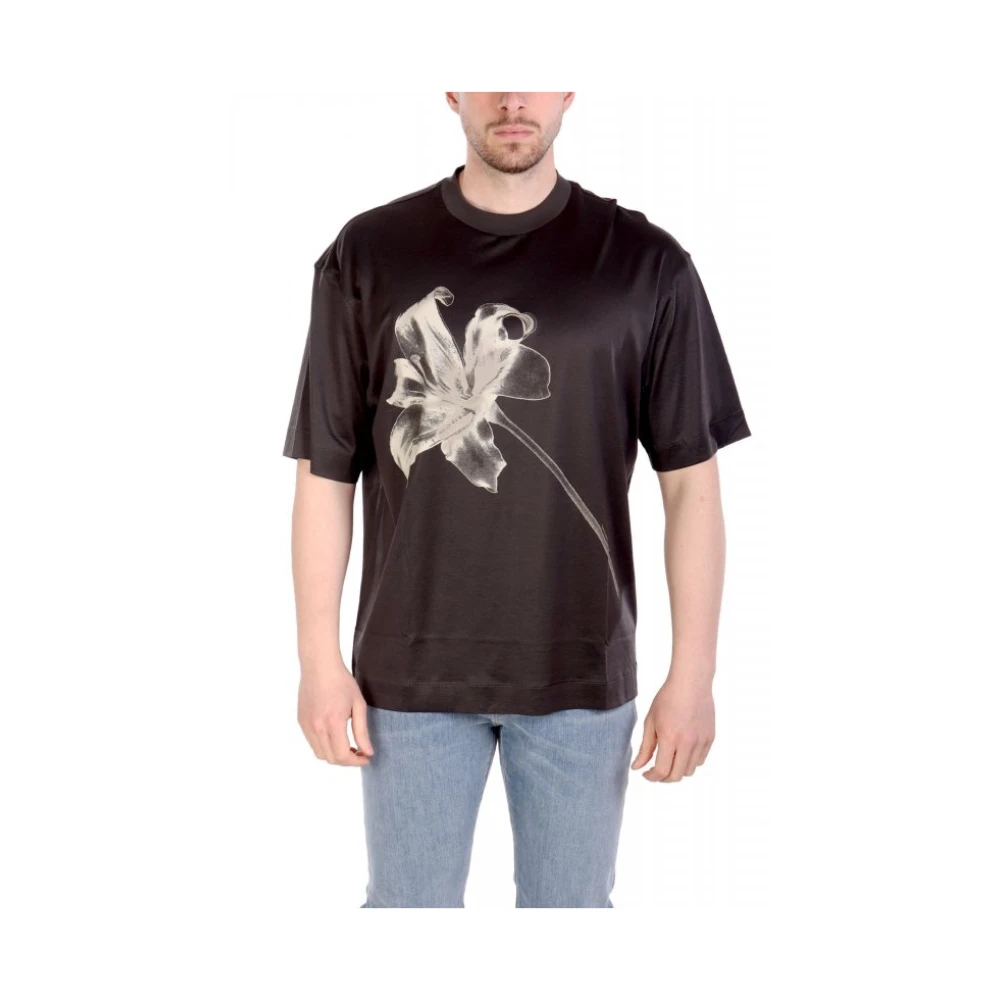 Emporio Armani Mannelijk Zwart Asv Lyocell Jersey T-Shirt Met Lelieprint