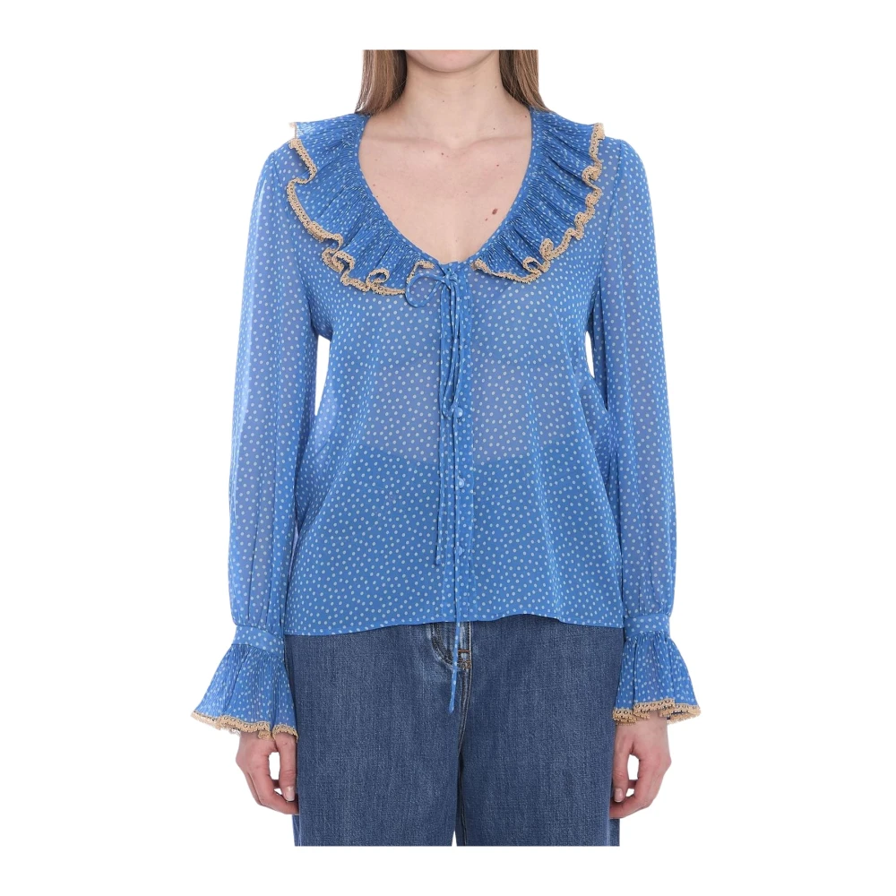 Valentino Garavani Blue Blouses, Female, Xs, Polka Dot Ruffle Neck Blouse
